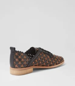 Allosier Black Tan Leather Lace Up Flats