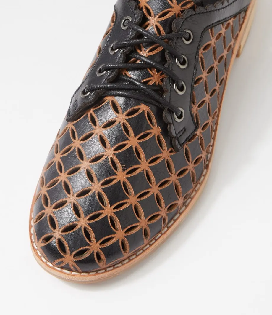 Allosier Black Tan Leather Lace Up Flats