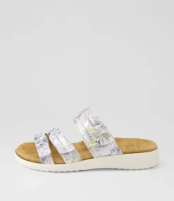 Barbra Xw Navy Silver Floral White Leather Slides