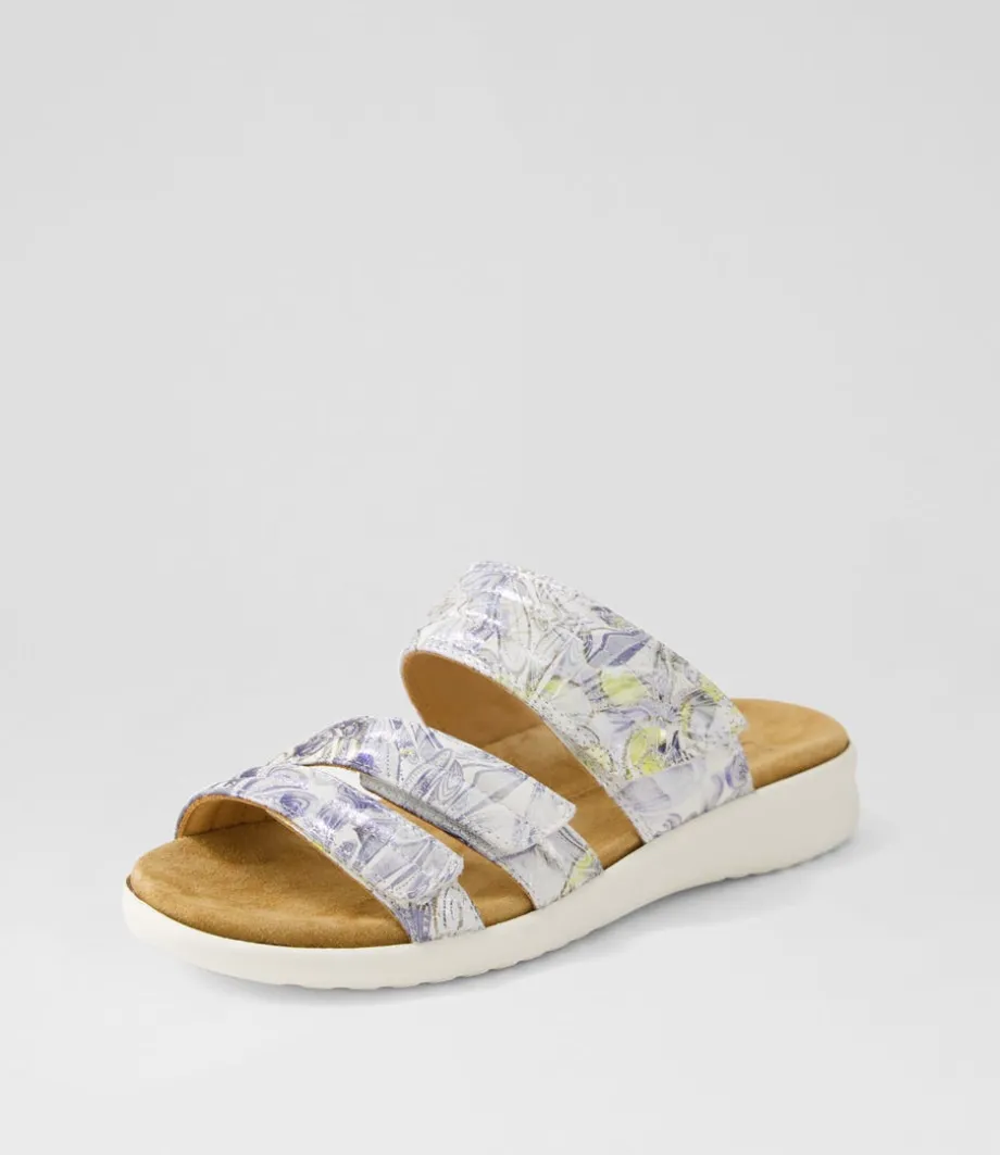 Barbra Xw Navy Silver Floral White Leather Slides
