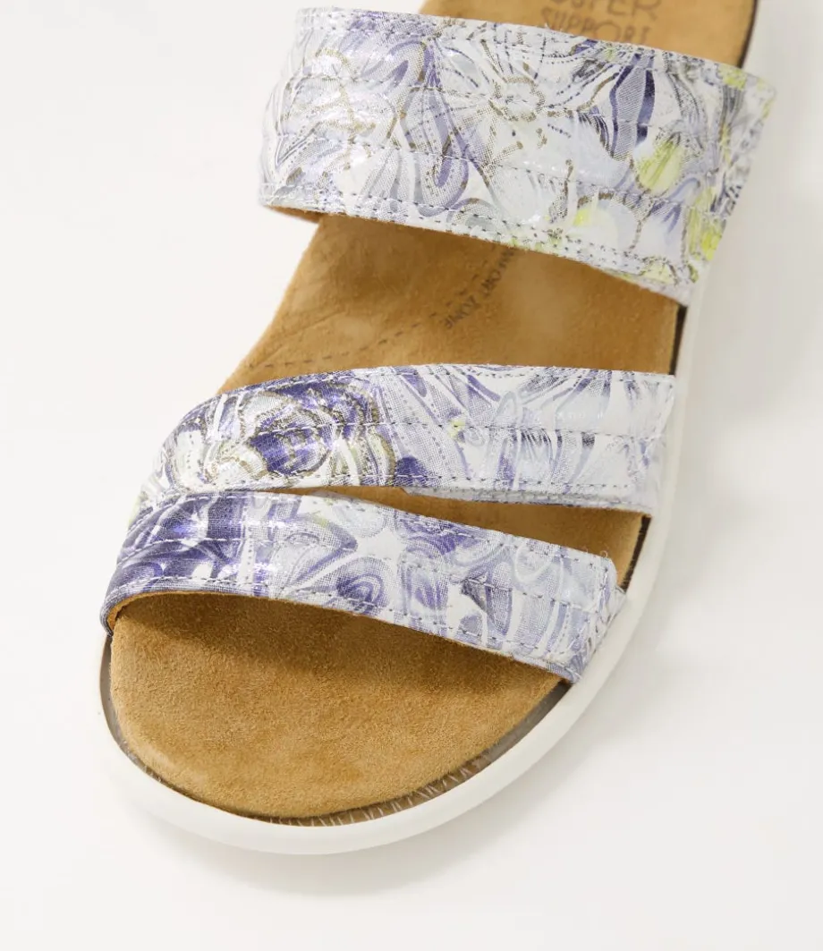 Barbra Xw Navy Silver Floral White Leather Slides