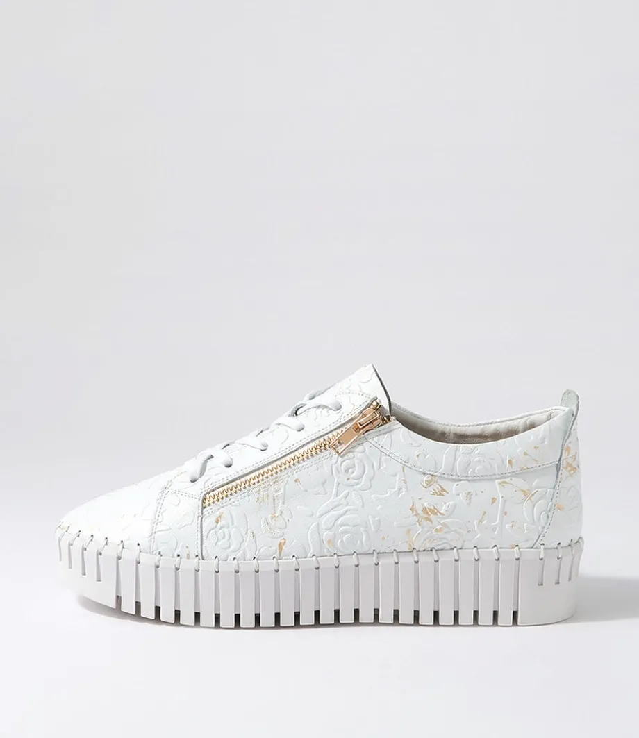 Bump White Gold Flower Leather Sneakers