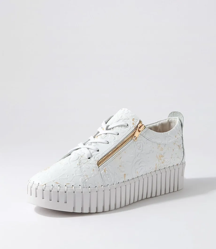 Bump White Gold Flower Leather Sneakers