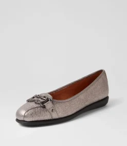 Elisse Gunmetal Foil Black Leather Ballet Flats