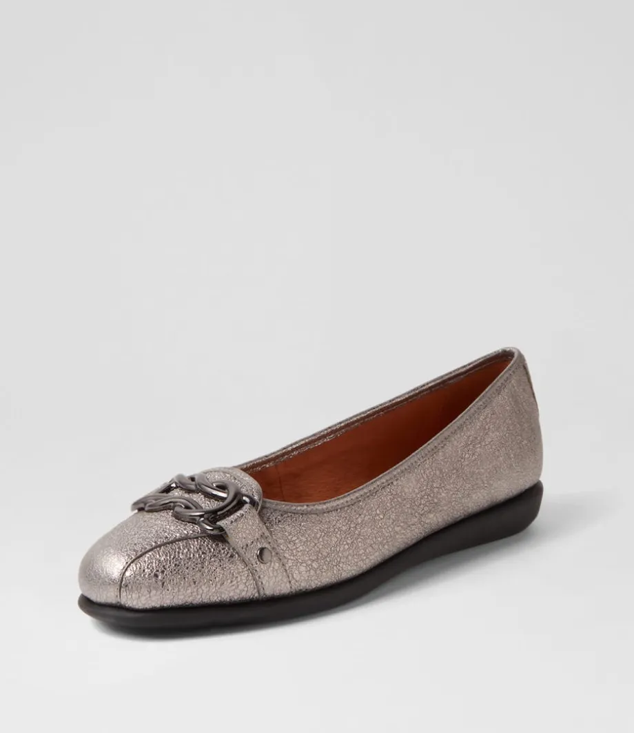 Elisse Gunmetal Foil Black Leather Ballet Flats