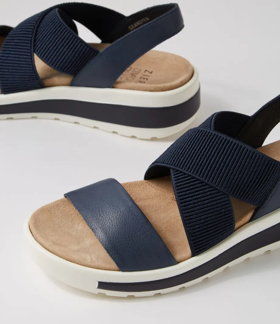 Grandys W Navy Leather Elastic Sandals