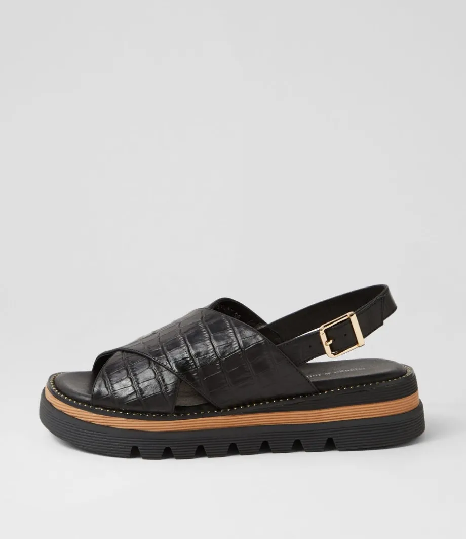 Sasi Black Croc Leather Sandals