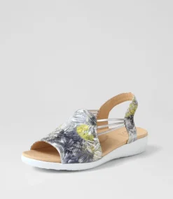 Udhays W Navy Silver Floral Leather Elastic Sandals