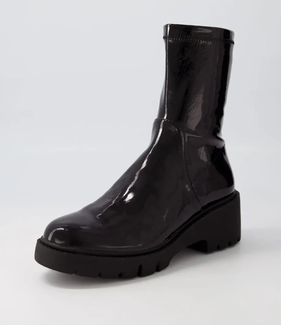 Urina Black Stretch Patent Pu Ankle Boots