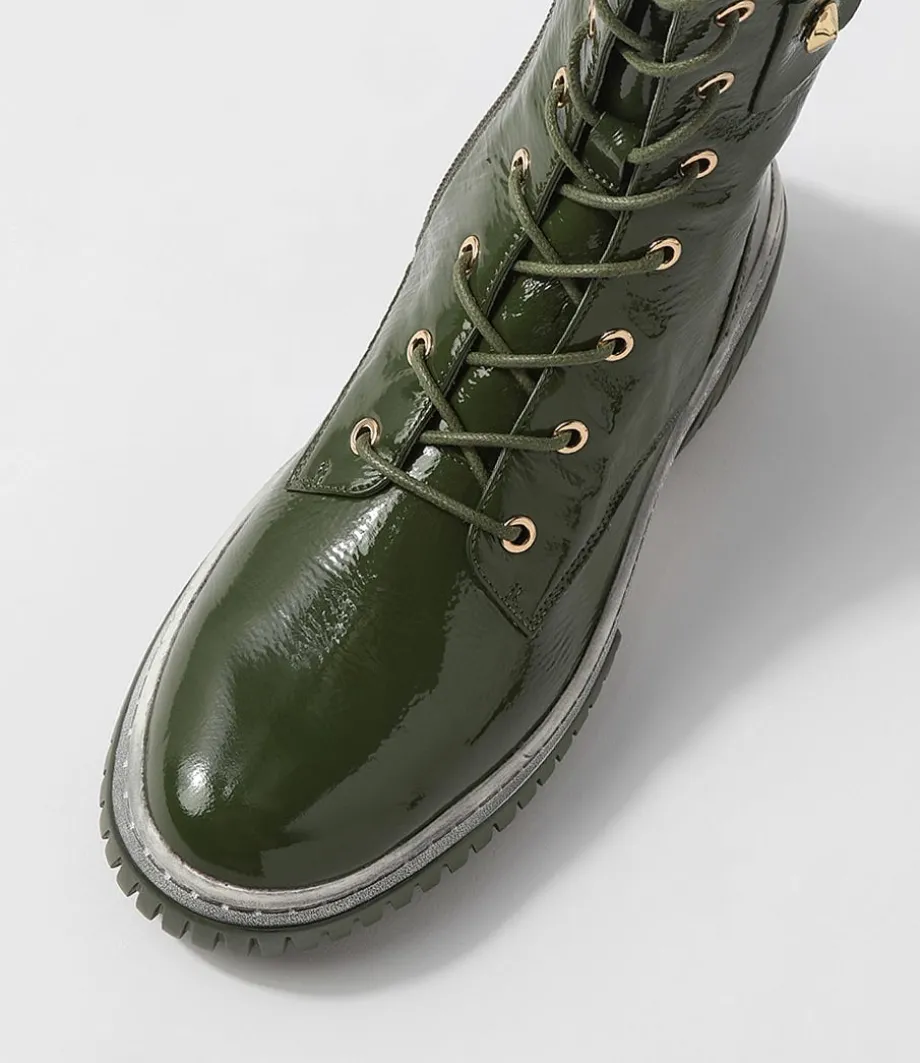 Yaintly Khaki White Patent Ankle Boots