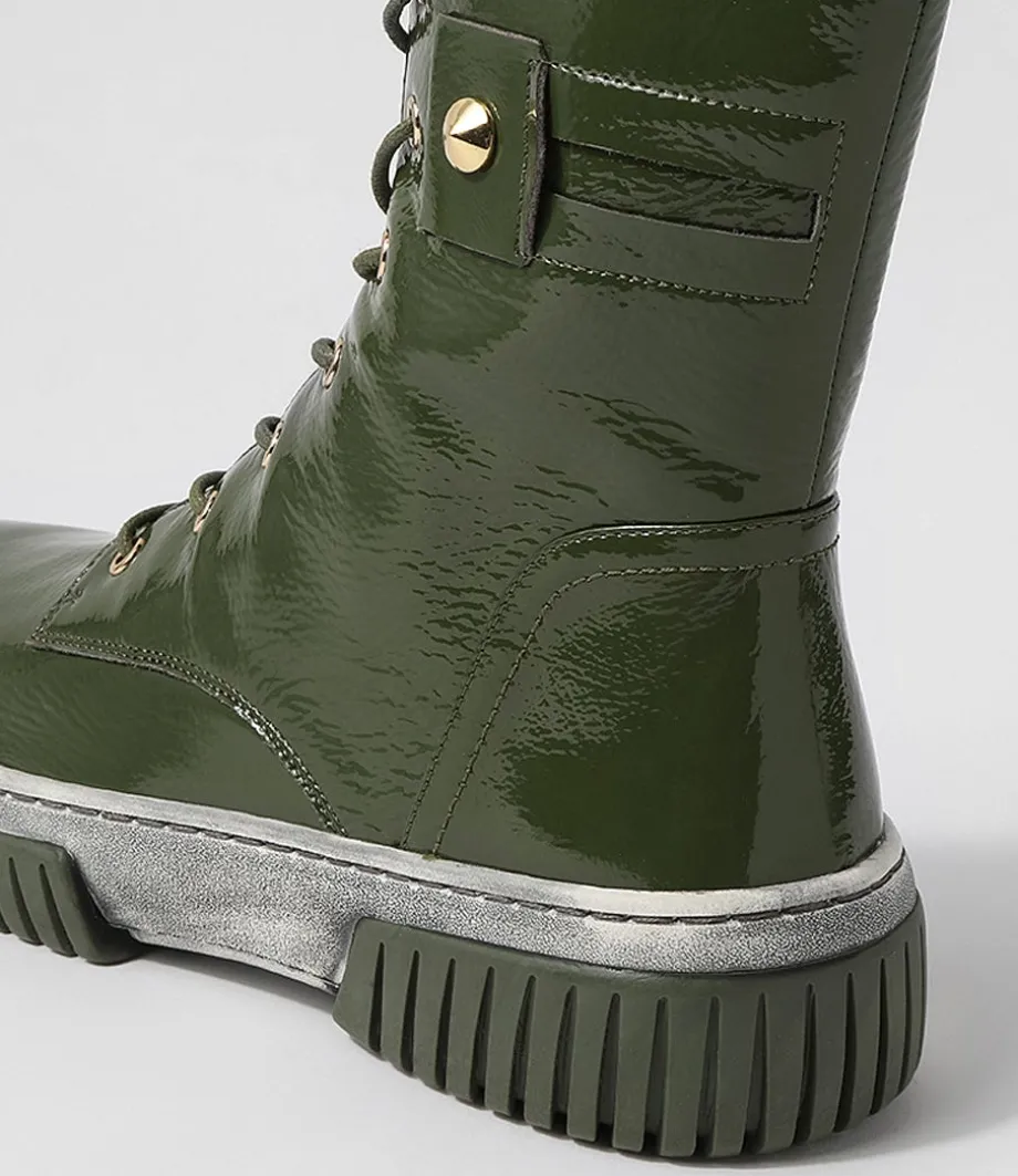 Yaintly Khaki White Patent Ankle Boots